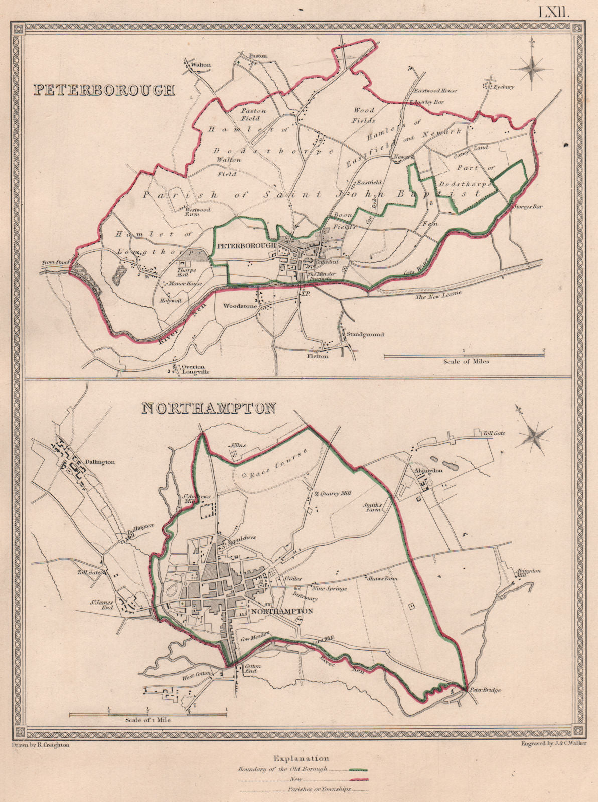 EAST MIDLANDS TOWNS. PeterNorthampton plans. CREIGHTON/WALKER 1835 old map